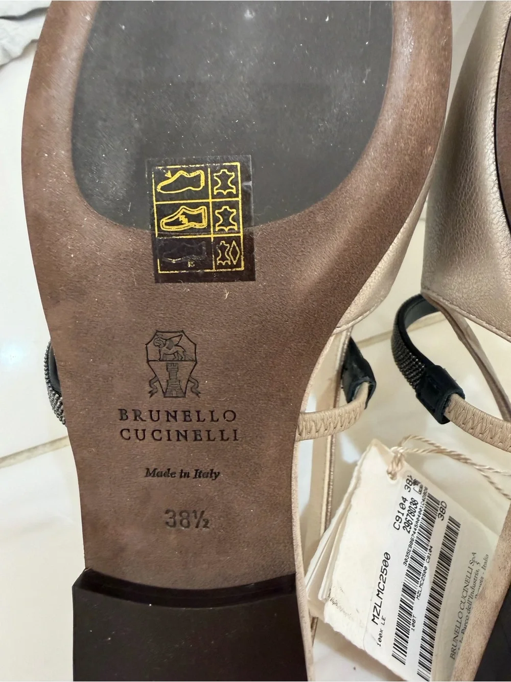 New Brunello Cucinelli Metallic Taupe Pointed Slingback Flats with Black Strap - Picture 7 of 8